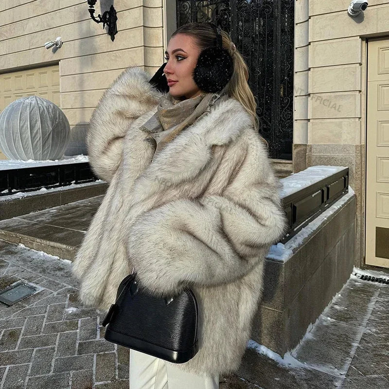 Neo Mint 2024 Winter Ins Hot Fashion Girls Oversized Gradient Fur Coat Women Thick Warm Outerwear Fluffy Faux Fox Fur Jacket - Matrix Studios