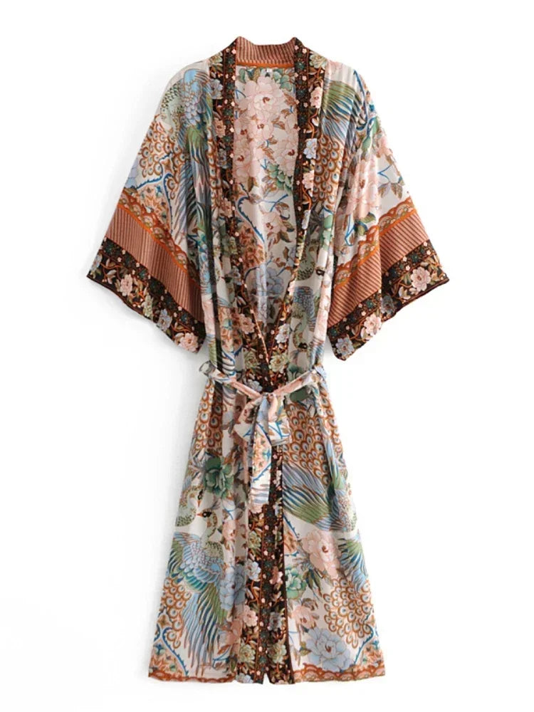 Peacock Floral Print Bat Sleeve Beach Bohemian Kimono Robe for Women Ladies Beachwear Summer Dress Bikini Boho Cover-ups - Matrix Studios