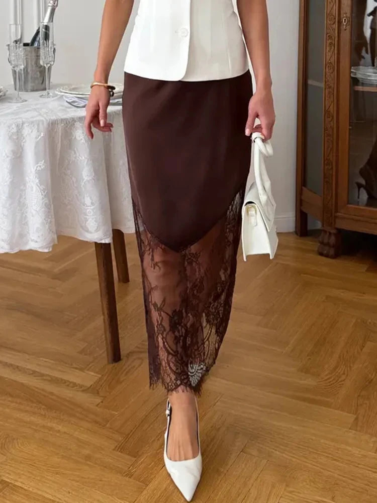 Trendix Women Patchwork Lace Skirts 2025 New High Waist Slim Hollow Out Maxi Skirts Autumn Brown Fashion Party Club Boho Skirt - Matrix-studios.com