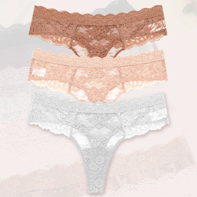 3Pcs Lace Sexy Thongs Women Low-Rise Briefs Sexy Soft Ladies Underwear Trendy Floral Underpants Female Flowery Panty Lingerie - Matrix Studios