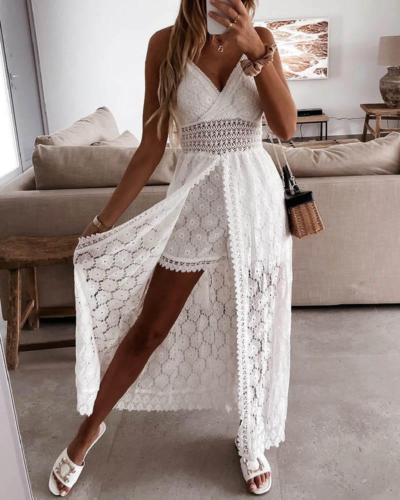 Summer V Neck Solid Color Lace Hollow-Out Sleeveless Sling Party Wear High Waist Rompers Holiday Casual White Women's Jumpsuit - Matrix Studios