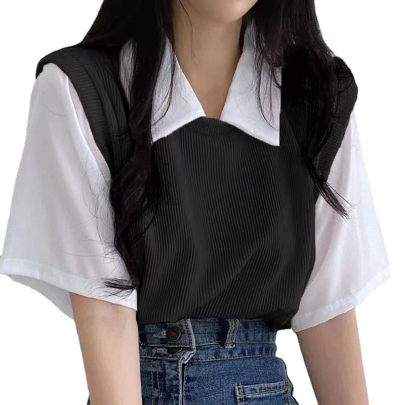New Women Polo Shirt Summer Women Fake Two-Piece Color-Blocked Short Sleeve Loose Top Girls Casual Basic Shirt Adult Polo Shirt - Matrix-studios.com