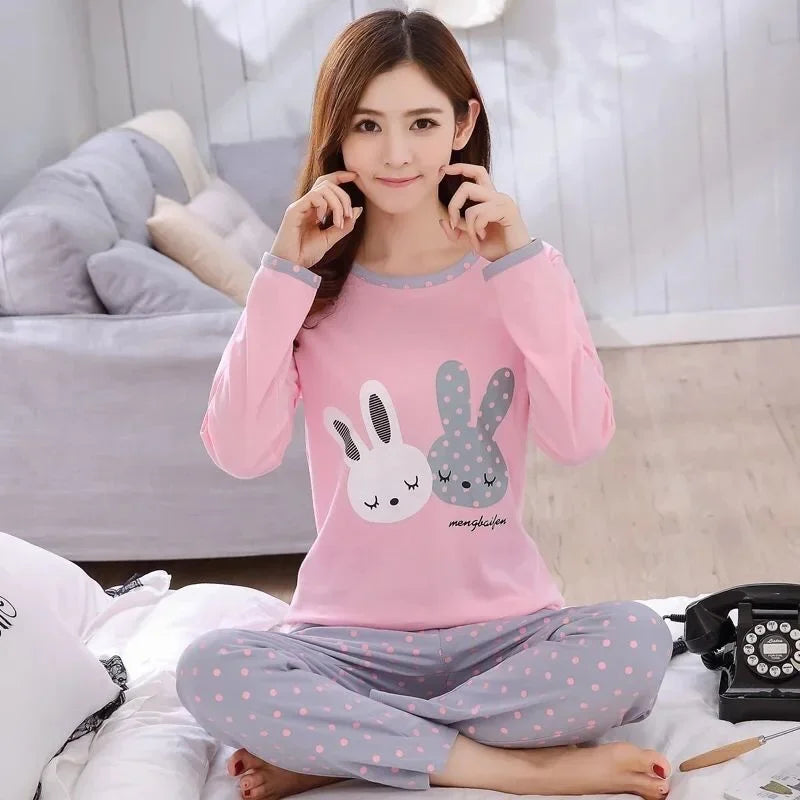 Autumn Thin 2pieces Pyjamas Set Women 2025 Round Neck Girls Bear Pajamas Sets Teacup Cat Full Sleepwear Tops lovers Pajama Mujer - Matrix-studios.com