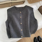 Crew Neck Women's Korean Solid Button Short Sleeve Cardigan Coats Sweater Knitted Sleeveless Ladies Elegant Tanks Bottoming - Matrix Studios