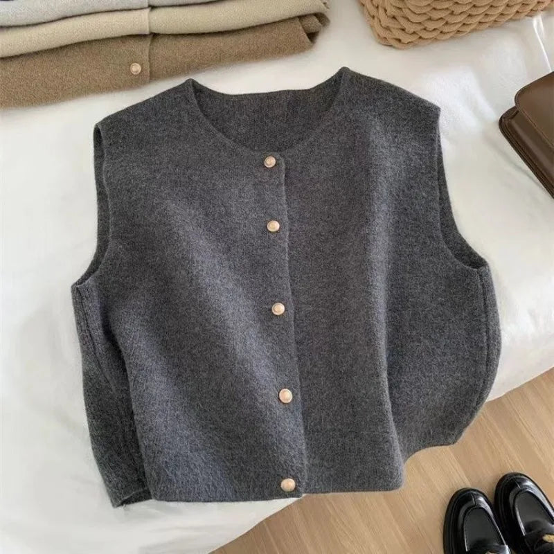 Crew Neck Women's Korean Solid Button Short Sleeve Cardigan Coats Sweater Knitted Sleeveless Ladies Elegant Tanks Bottoming - Matrix Studios