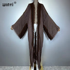 WINYI Retro Kimono Maxi Cardigan Beach Wear Covers Elegant Party Dress Abaya Dubai Luxury Muslim Woman Fashion Open Front Kaftan - Matrix Studios
