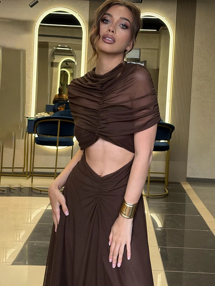 Mozision Hollow Out Short Sleeve Sexy Maxi Dress Women Fashion O Neck Ruched High Waist Bodycon Club Party Long Dress Female - Matrix-studios.com