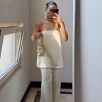 HXAO Satin Pant Sets Women's Two Pieces Set Strapless Off Shoulder Tube Vest 2 Piece Sets Woman Outfit High Waist Trousers Sets - Matrix-studios.com