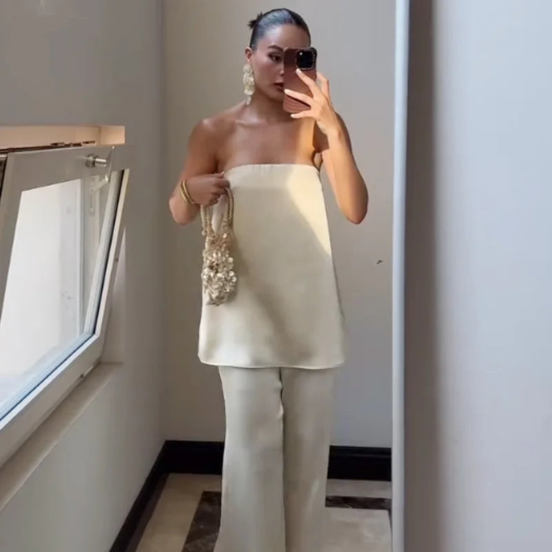 HXAO Satin Pant Sets Women's Two Pieces Set Strapless Off Shoulder Tube Vest 2 Piece Sets Woman Outfit High Waist Trousers Sets - Matrix-studios.com