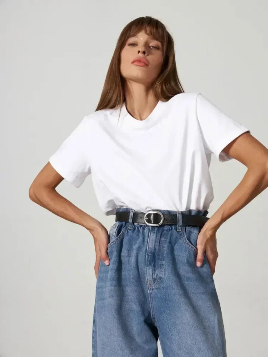 Bornladies Summer 100% Cotton Women's T-shirt Bottoming Basic Fashionable Solid Lady Short Sleeve Loose Tops Shirts 230g/㎡ Tops - Matrix-studios.com