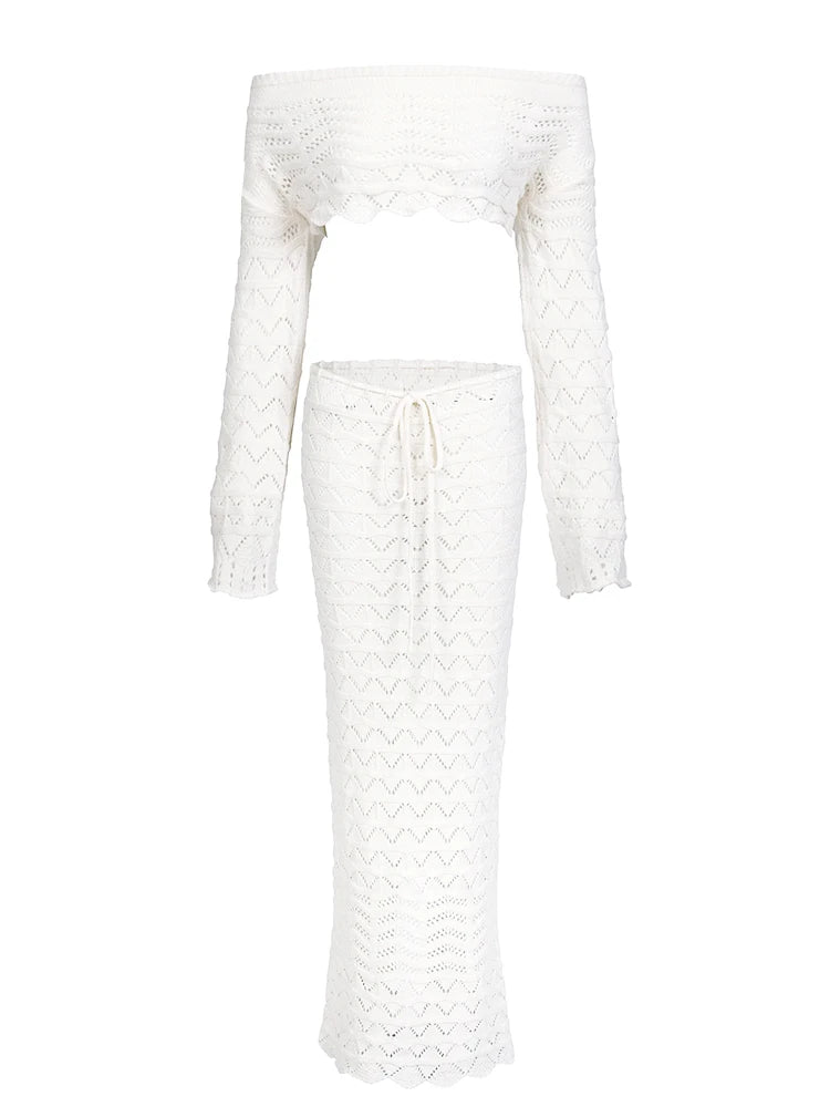 Sexy Knit One-neck Long Sleeve Short Top Drawstring Half Skirt Beach Two-piece 2026 Women Summer Swimsuit Cover Up Chic Set K172 - Matrix Studios
