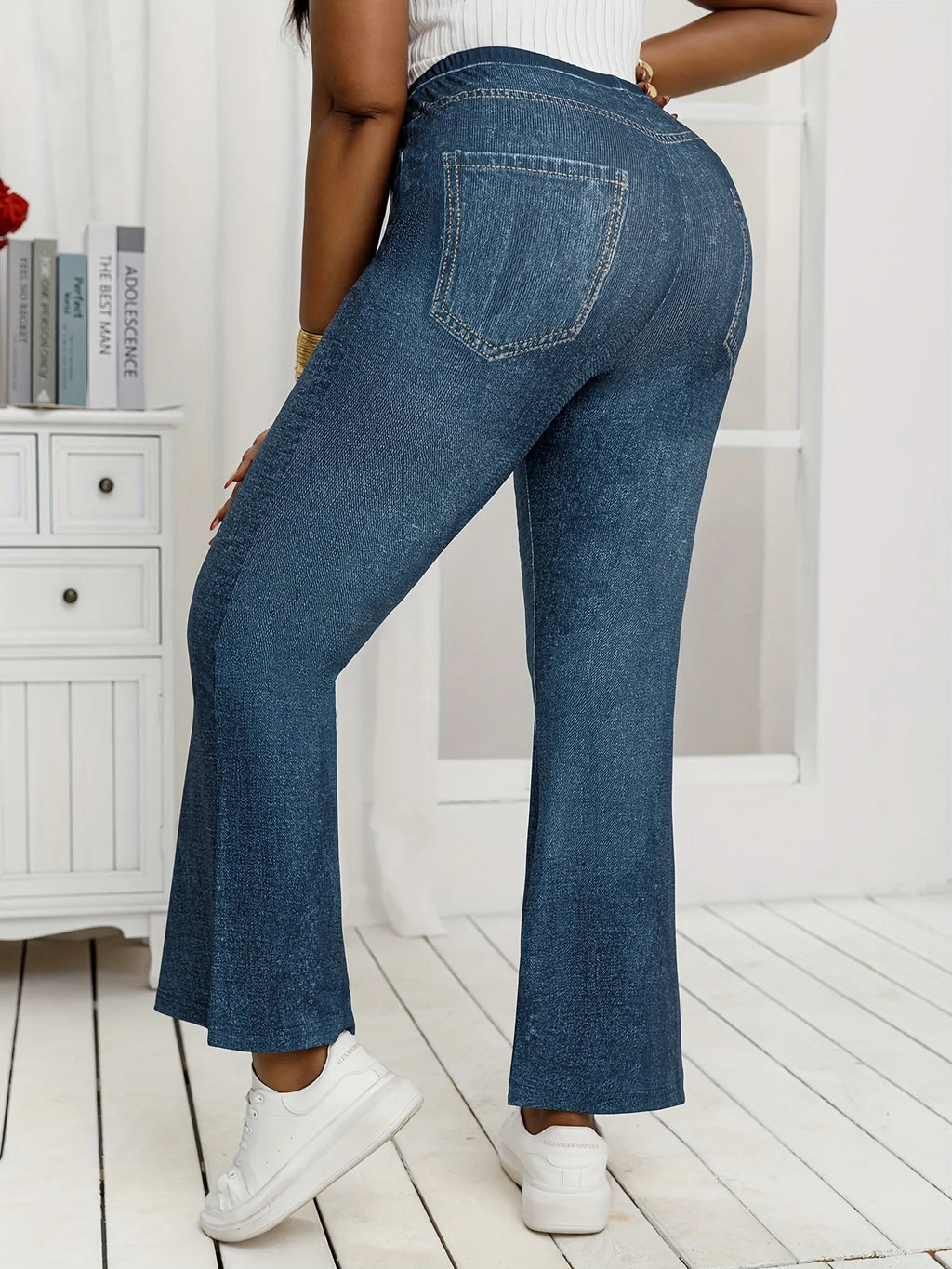 Plus Size Denim Print High-Stretch Flared Pants Loose Fit Comfortable Slimming Non-Jeans Fabric Women's Casual Trousers - Matrix-studios.com