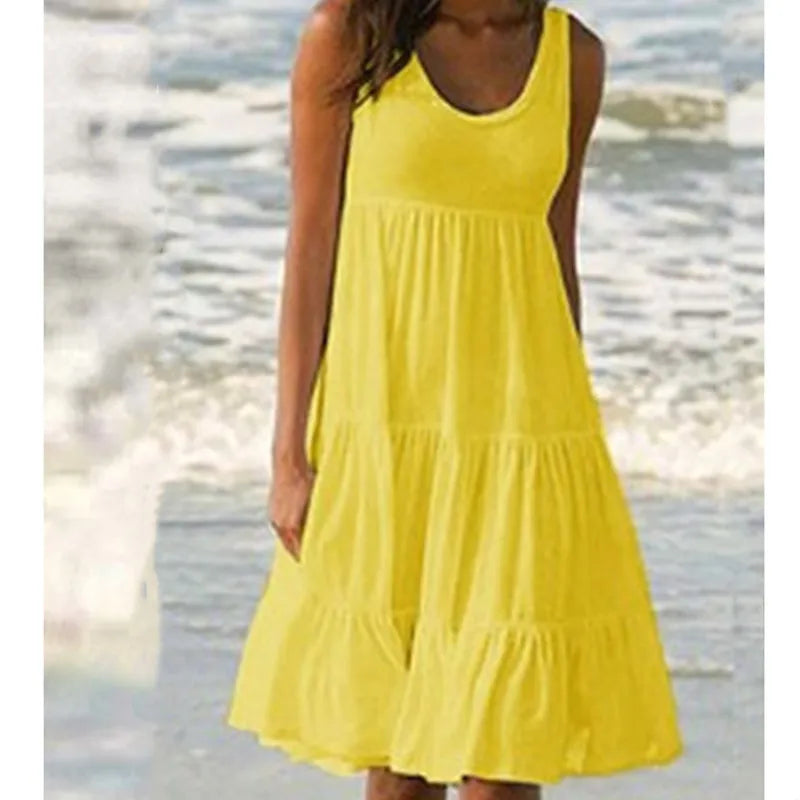 Bohemian Women's Casual O Neck Sleeveless Ruffle Mini Dress Solid Color Beach Tank Top Oversized Loose Dress Plus Size Women3029 - Matrix-studios.com