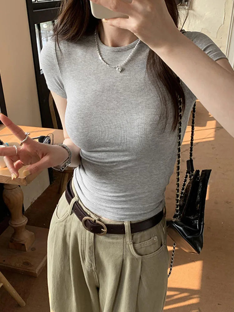 Basic Solid Crop Top Short Sleeve Crewneck Skinny T-shirt Summer Casual Tee for Women y2k Vintage Top Harajuku Streetwear - Matrix-studios.com