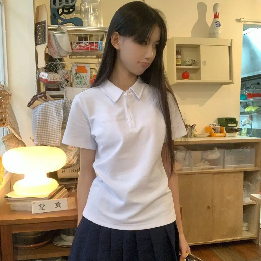 Summer Women's Polo Shirt Short Sleeve Skinny Slim Solid Japanese Preppy Style Uniform Tshirt White Basic Button Casual Top Tees - Matrix-studios.com