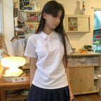 Summer Women's Polo Shirt Short Sleeve Skinny Slim Solid Japanese Preppy Style Uniform Tshirt White Basic Button Casual Top Tees - Matrix-studios.com
