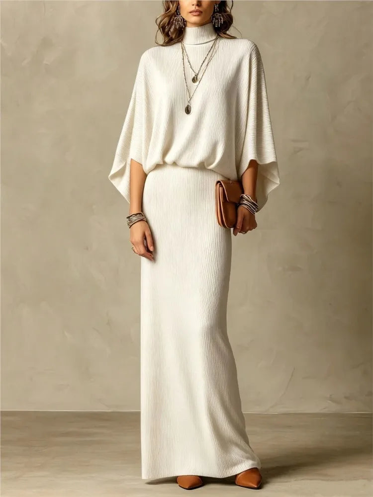 Autumn Winter New Fashion High Collar Bat Sleeve Skirt 2piece Set Women Casual Knitted Pit Strip Elegant Slim Hip Hip Skirt Suit - Matrix-studios.com