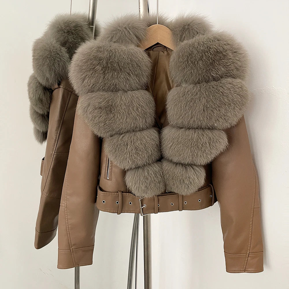 OFTBUY Natural Fox Fur Faux Leather Jacket Female New Autumn Short Top Clothing Women Long Sleeve Fake Leather Real Fur Coat - Matrix Studios