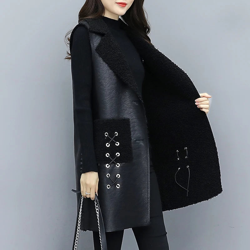 Autumn Winter Fur Leather Vest Coat Long Lambwool Sleeveless Jacket Thick Velvet Warm Waistcoat Large Size Women Fur Vest L-5XL - Matrix Studios