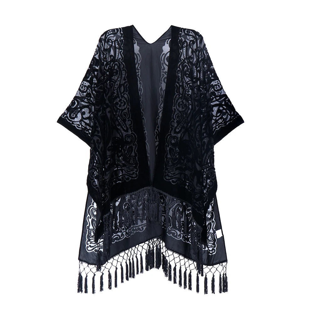 MJSERECA New Bohemian Burnt Plush Kimono for Woman Long Cardigan With tassel Beach Cover-up Casual Cardigan Shawl Chiffon Shirt - Matrix Studios