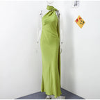 Elegant Ribbon Halter Dress Women Solid Off Shoulder Sleeveless Backless Slim Maxi Dresses 2025 Summer Autumn Party Robes Lady - Matrix-studios.com