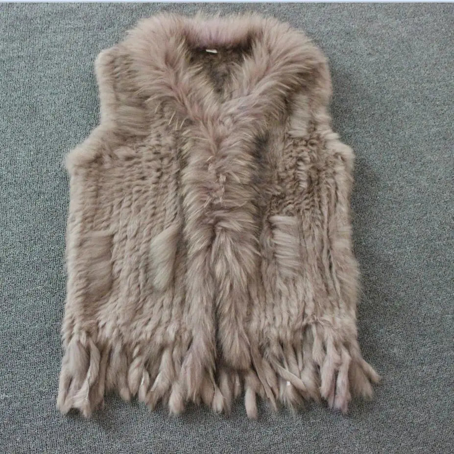 Harppihop womens natural real rabbit fur vest with raccoon fur collar waistcoat/jackets rex rabbit knitted winte - Matrix Studios