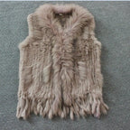 Harppihop womens natural real rabbit fur vest with raccoon fur collar waistcoat/jackets rex rabbit knitted winte - Matrix Studios