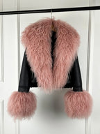 Janveny 2026 Winter Warm Faux Leather Sheepskin Coat Women Large Real Wool Fur Collar Zipper Slim Biker Pu Leather Short Jacket - Matrix Studios