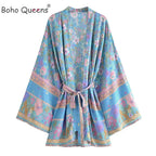 Boho Queens Floral Print Sashes Bohemian Kimono Women  V Neck Batwing Sleeves Short Robe Vacation Beach Bikini Cover-ups - Matrix Studios
