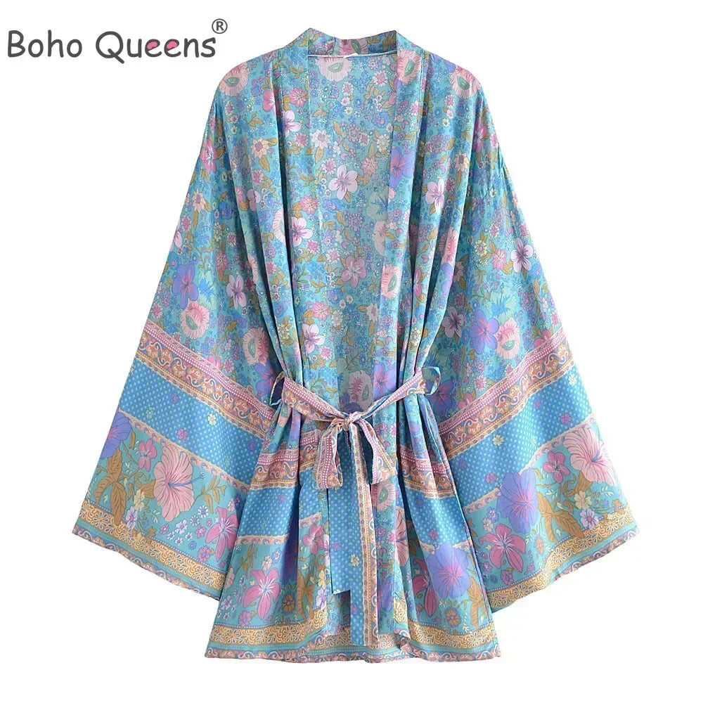 Boho Queens Floral Print Sashes Bohemian Kimono Women  V Neck Batwing Sleeves Short Robe Vacation Beach Bikini Cover-ups - Matrix Studios