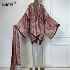 WINYI Summer Beach Outfits Women Swim Suit Cover Up Kaftan Boho Cardigan Stitch Self Belt Sexy Holiday Long Sleeve Print Kimono - Matrix Studios