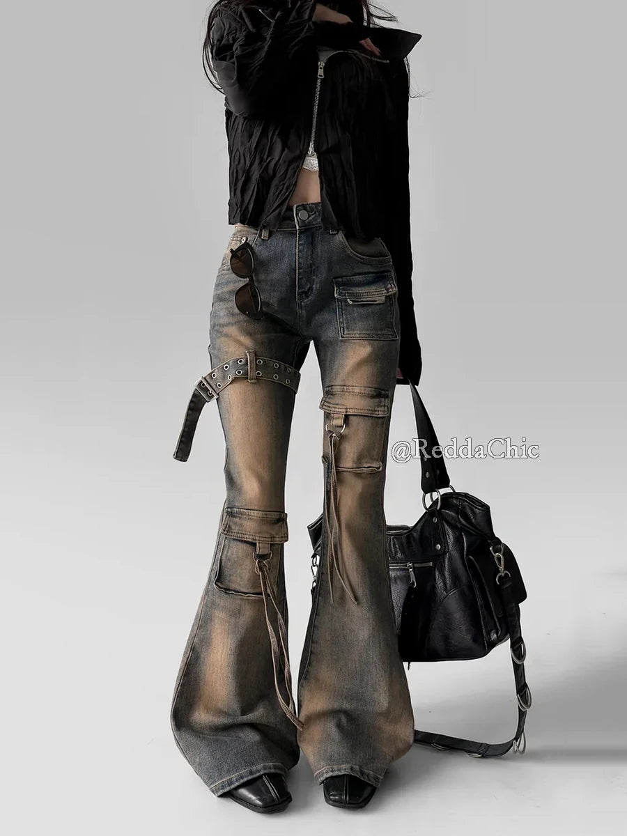 REDDACHiC Women Low Waist Cargo Flare Jeans Y2k Vintage Distressed Belted Fitted Bootcut Pants Bell Bottoms Korea Streetwear - Matrix-studios.com