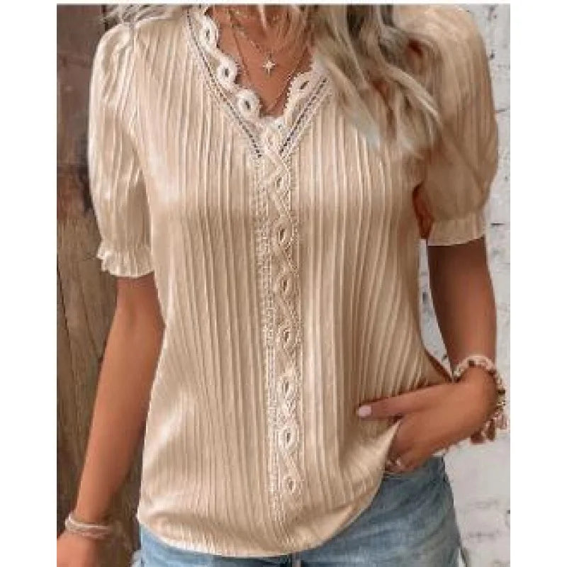 Women's Lace Stitching Shirt Summer Loose V Neck Short Sleeve Pullover Chiffon Shirt Solid Top Simple Elegant Street Blouse - Matrix-studios.com