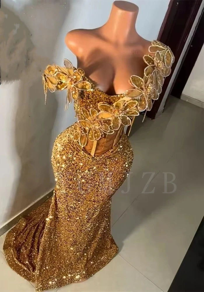 Aso Ebi Gold Prom Dresses 2025 Luxury Bead Rhinestones 3D Flowers African Wedding Party Gala Birthday Evening Gown Customized - Matrix Studios