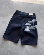 Men Dark Wash Denim Shorts Back Pocket Cherry Blossom Embroidered Loose Fit Knee Length Vintage Streetwear Casual Summer Wear - Matrix Studios