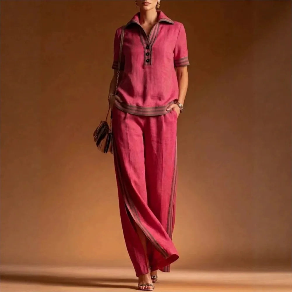 Women 2 Piece Linen Set Lapel Collar Half Button Short Sleeve High Waist Split Elegant Casual Loose Summer Wide Leg Long Pants - Matrix-studios.com