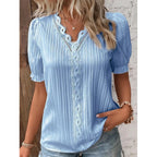 Women's Lace Stitching Shirt Summer Loose V Neck Short Sleeve Pullover Chiffon Shirt Solid Top Simple Elegant Street Blouse - Matrix-studios.com