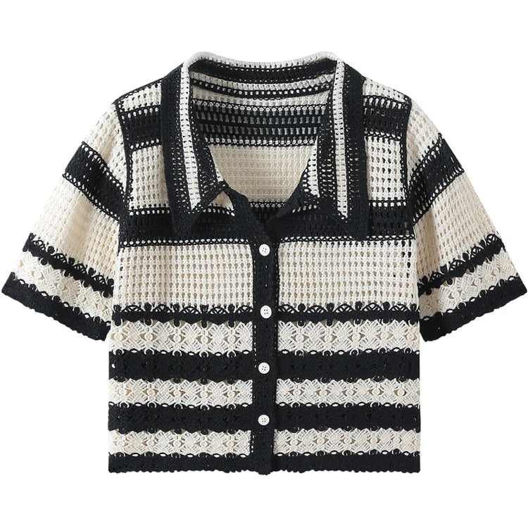 Striped Crochet Vest Top Collared Button-up Short Sleeve Sheer Crop Knit Top Cardigan Women Teengirl Fairycore Vintage Outfit - Matrix Studios