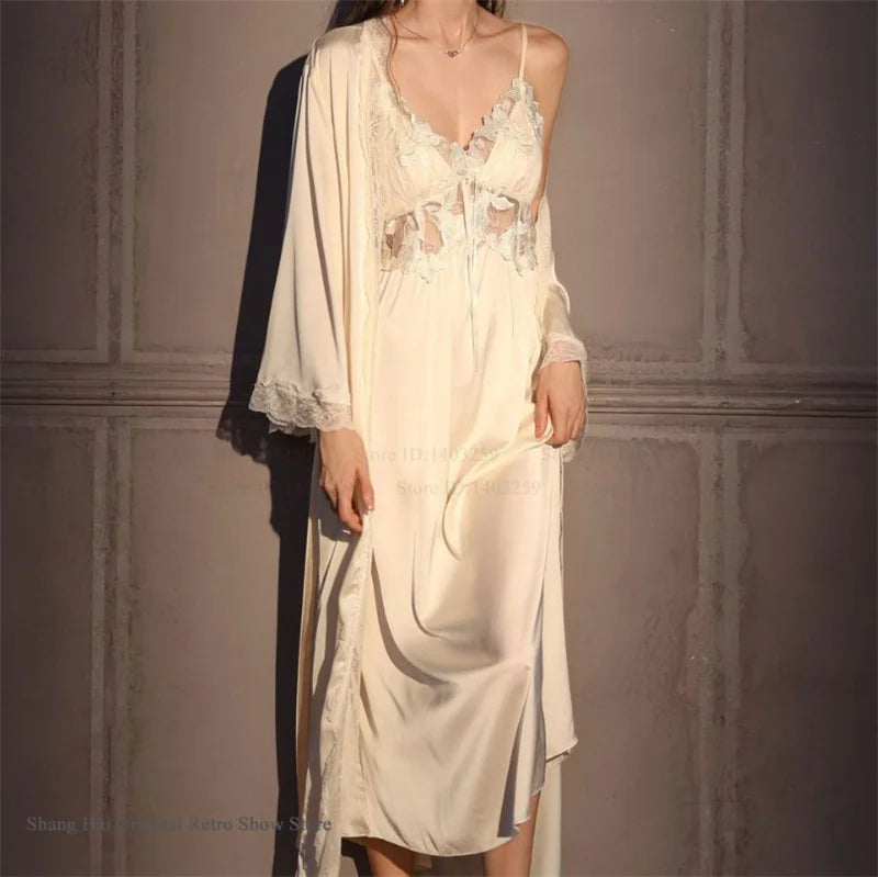 Elegant Female Long Robe Set Nightgown Silky Ice Silk Sleepwear Homewear SEXY Hollow Out Lace Nightdress Lingerie Loungewear - Matrix-studios.com