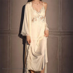 Elegant Female Long Robe Set Nightgown Silky Ice Silk Sleepwear Homewear SEXY Hollow Out Lace Nightdress Lingerie Loungewear - Matrix-studios.com