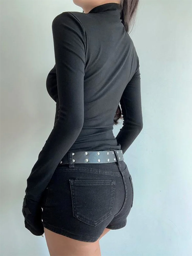 Turtleneck Top Y2k Clothes Black Gothic Cross Hollow Slimming Bottom T Shirt for Women Long Sleeve Sexy T-shirt Girls Tops - Matrix-studios.com