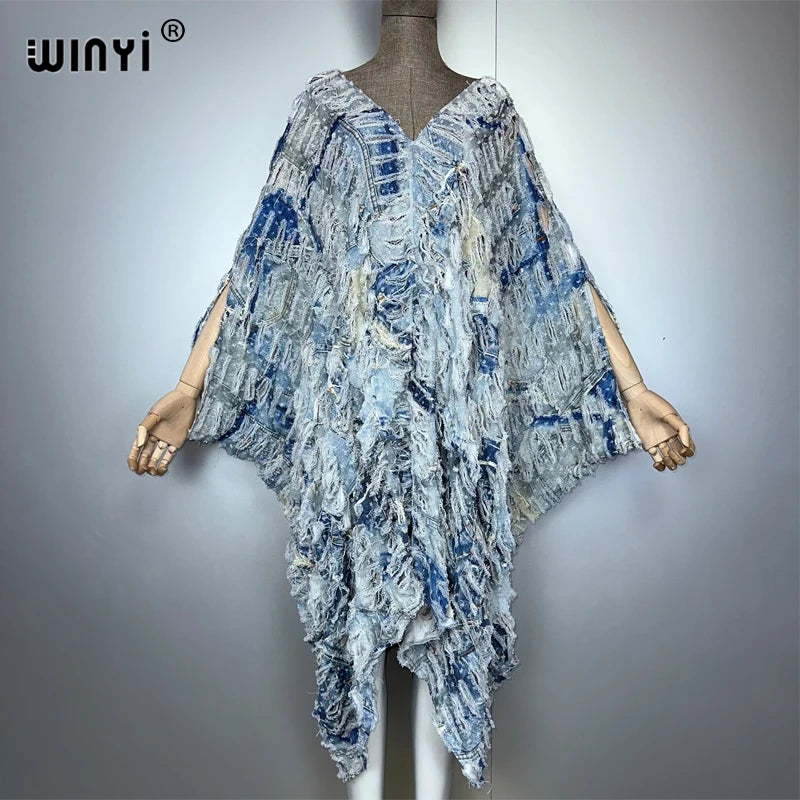 WINYI Original V Neck Print Denim Sexy Short Dress with Holes New Fashion Africa Womens Party Holiday Casual Maxi Beach Dress - Matrix Studios
