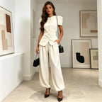 Women Pant Set Two Piece Sets Round Neck Short Sleeve Coats Tops Wide Leg Long Pants High Waist Y2k Streetwear Elegant 2026 - Matrix-studios.com