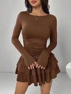 Autumn Winter Solid Color Slim Fit Cascading Ruffles Mini Dress Women Elegant Flare Sleeve High Waist Sexy Party Bodycon Dresses - Matrix-studios.com