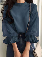 ZANZEA Women Elegant Party Blouse Vintage Mesh Ruffle 3/4 Sleeve Tops 2024 Autumn Stand Collar Shirts Korean Version Loose Tunic - Matrix-studios.com