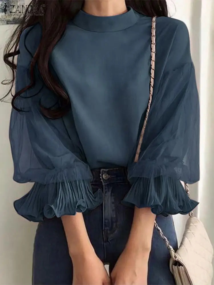 ZANZEA Women Elegant Party Blouse Vintage Mesh Ruffle 3/4 Sleeve Tops 2024 Autumn Stand Collar Shirts Korean Version Loose Tunic - Matrix-studios.com