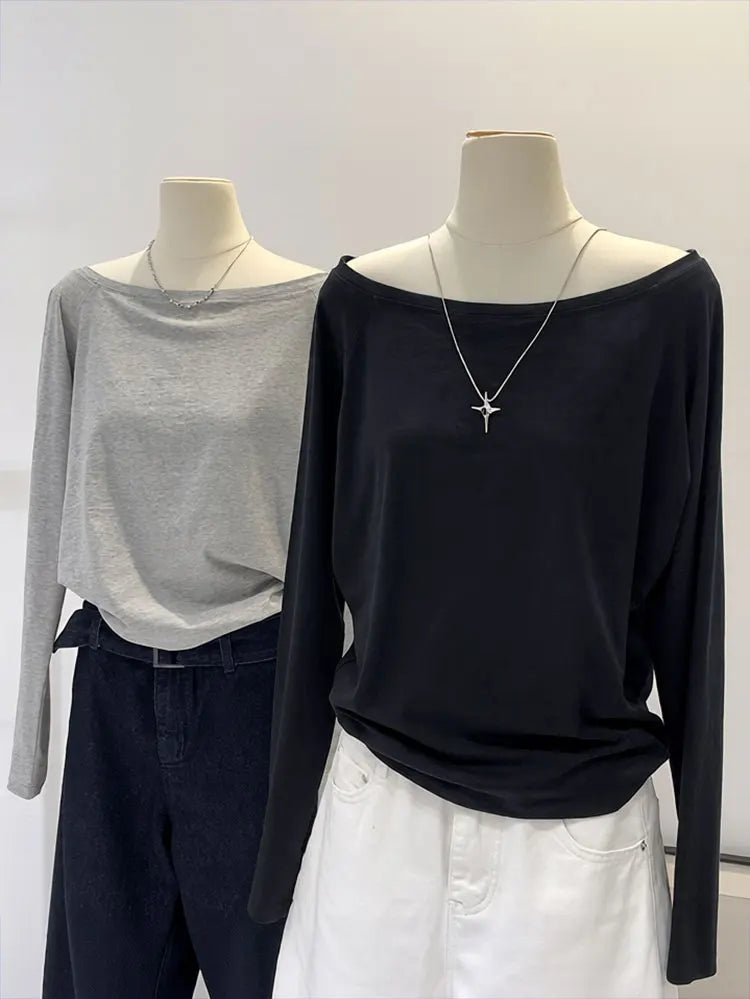 Oversize Off Shoulder Long Sleeve T Shirt Women Solid Color Casual Tops Lady Spring Autumn Basic Tees Korean Style Youth Blouses - Matrix-studios.com
