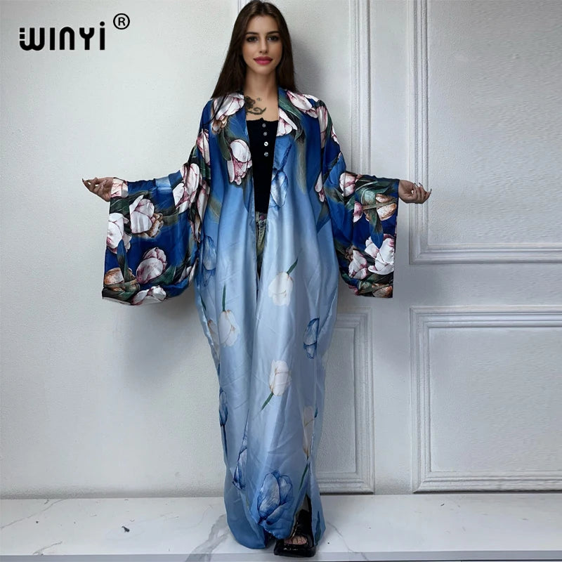 WINYI 2022 africa Boho Printed Long Kimono Dress Bikini Wrap Cover-ups Women Summer Clothes Beach Wear Swim Suit Cover Up kaftan - Matrix Studios