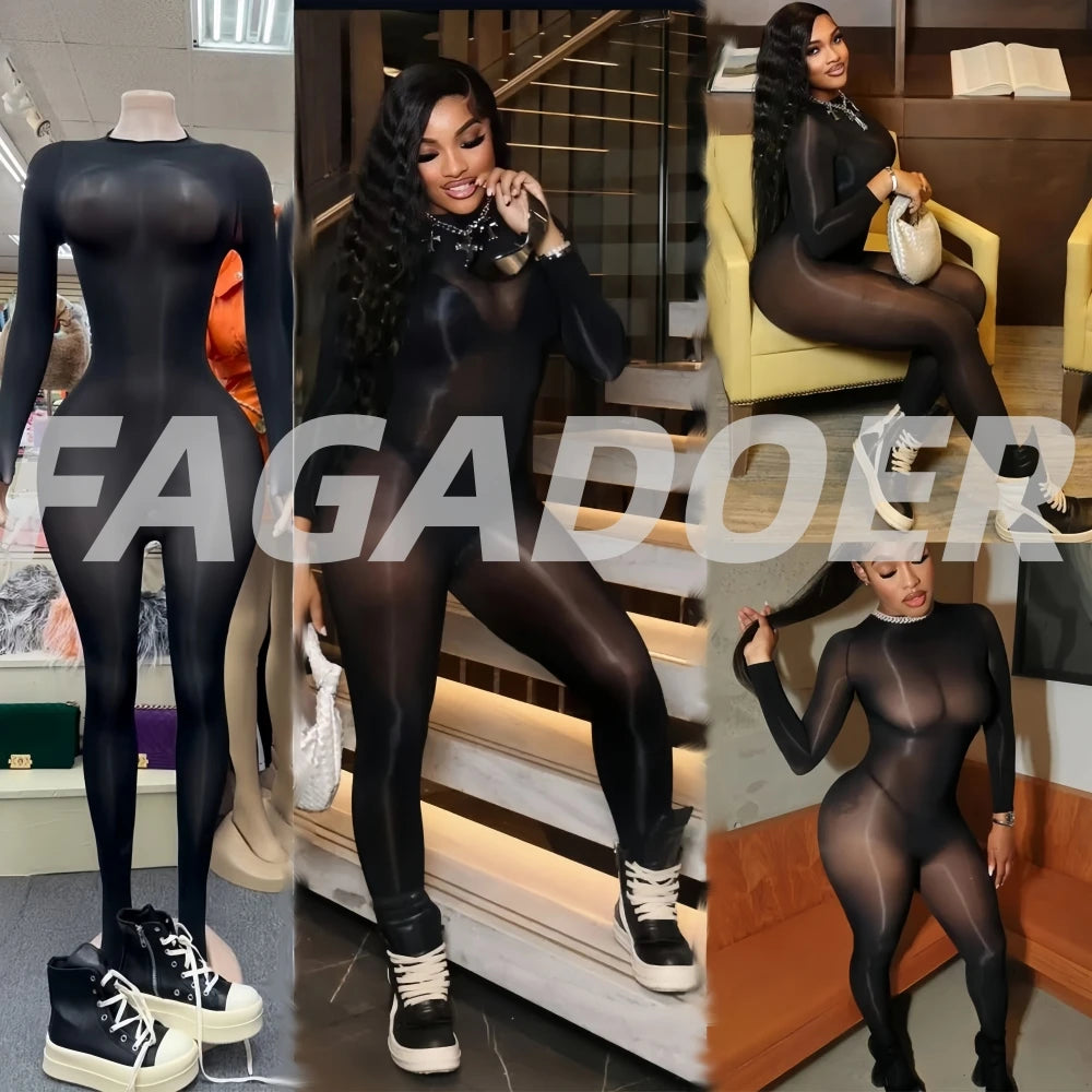 FAGADOER Summer New Sexy Mesh See Through Bodycon Jumpsuit Woman Long Sleeved Round Neck Rompers Female Party Club Overalls - Matrix Studios