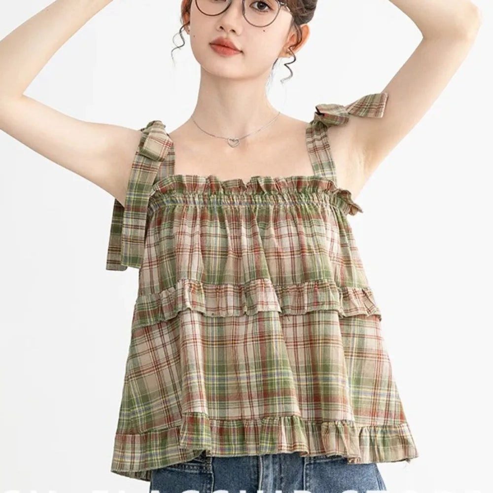 Y2K Hot Women Summer Acubi Japan Vintage Gyaru Tanks & Camis Lace Up Green Crop Top Plaid Strap Sleeveless Tank Tops Clothes - Matrix-studios.com
